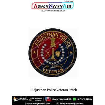 Rajasthan Police Veteran Patch featuring Rajasthan Police insignia in navy blue and maroon round veteran badge with gold lettering, wreath emblem and black merrow border