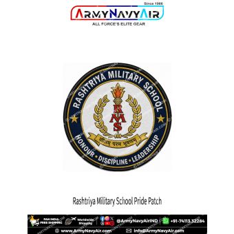 Rashtriya Military School Honour Discipline Leadership Pride round poly satin fabric patch featuring RMS crest with navy blue outer ring, gold trim and premium black merrow border.