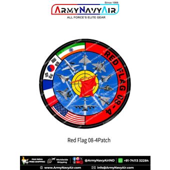 Round Red Flag 08-4 military aviation exercise patch featuring multiple aircraft, flags of India, South Korea, France and USA, central red flag and black border