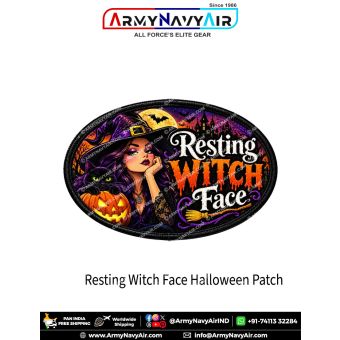 Resting Witch Face Halloween Humour Patch in an oval shape with a black merrow border, featuring a purple-haired witch, black cat, glowing pumpkin, bats and moonlit haunted castle.
