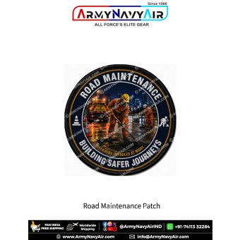 Premium round Road Maintenance fabric patch featuring road workers repairing potholes at night using asphalt and maintenance equipment, with illuminated work vehicles, traffic cones, and city lights in the background, surrounded by road safety symbols and