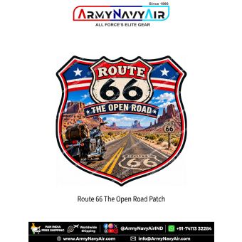 Route 66 The Open Road adventure patch with touring motorcycle, desert highway and red-rock landscape