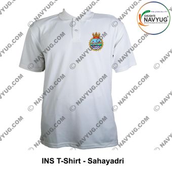 T-Shirt Indian Navy INS Shivalik Class | Indian Navy Surface Ship (FRIGATES) T Shirt PC With Collar (White)-INS Sahyadri (F 49)-Small