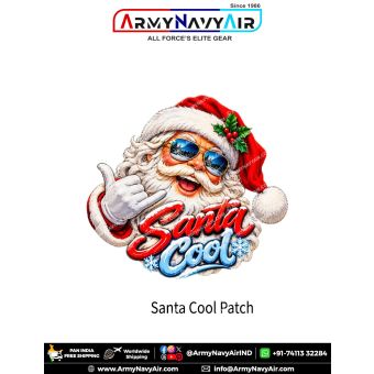 Santa Cool Christmas Patch featuring a smiling Santa Claus wearing blue reflective sunglasses, a red hat with holly berries, white gloves and a shaka hand gesture, with red Santa and icy blue Cool lettering and snowflakes.
