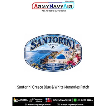 Santorini Greece travel souvenir patch with blue-domed churches, whitewashed buildings and Aegean Sea