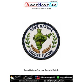 Save Nature Secure Future Patch featuring green India map, tree, protective hands, leaves, environmental awareness artwork and black merrow border