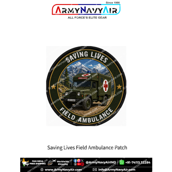 Round military heritage patch featuring an olive green field ambulance with red cross markings driving through rugged mountain terrain beneath the Saving Lives slogan, forest green outer ring with gold trim and black merrow border on premium twill fabric.