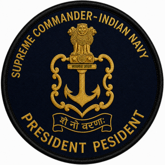 Round Navy Blue military heritage patch featuring the National Emblem of India above the Indian Navy crest with anchor and naval motto, surrounded by gold lettering reading Supreme Commander – Indian Navy and President of India, finished with a premium bl