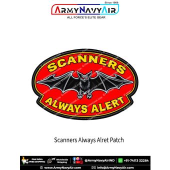 Scanners Always Alert bat tactical morale patch featuring a black bat with spread wings, glowing red eyes, yellow lettering, red background and black merrow border