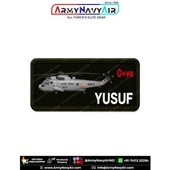 Sea King Personalized Flight Crew Name Plate featuring Indian Navy Sea King maritime helicopter artwork with custom name, optional blood group, premium digital print on fabric with olive green merrow border for flight suits, naval uniforms, flying jackets