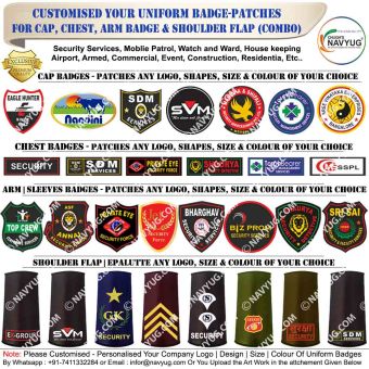 Security Uniform Badge-Patch Combo (CapBadge-1+ Chest Badge-1+ Arm Badge-1 Pair + Shoulder Flap- Epaulette-1 Pair) Customised Your Logo | Shapes Badges:Chughs Navyug