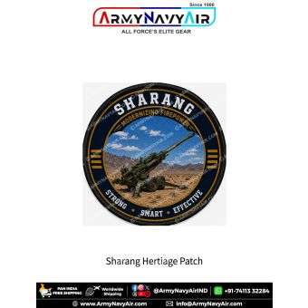 Sharang 155mm Towed Artillery Heritage Patch featuring the upgraded artillery gun with the slogan "Modernizing Firepower" and morale "Strong Smart Effective" in a premium round military collector patch design.