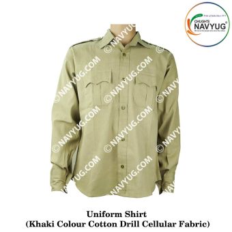 Indian Armed Force-Police Uniform Shirt (Khaki Colour Cotton Drill Cellular Fabric) Shirt Full- Long Sleeves With Two Front Box Pleat Pockets With Scalloped Flap & Shoulder Epaulets With Button