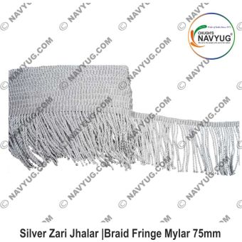 Silver Zari Jhalar |Braid Fringe Mylar 75mm | Chughs Navyug