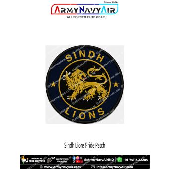 Sindh Lions Pride Patch premium round poly satin military fabric patch featuring iconic golden lion emblem, navy blue outer ring, black centre, gold lettering, gold stars and black merrow border