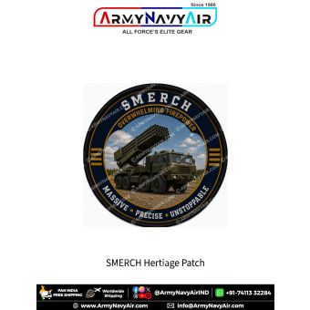 BM-30 Smerch Multiple Rocket Launcher Heritage Patch featuring the powerful long-range rocket artillery vehicle with the motto "Overwhelming Firepower" and "Massive • Precise • Unstoppable." Premium round military fabric patch for artillery personnel, def
