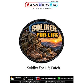 Soldier for Life military veteran round patch featuring combat boots, camouflage jacket, tactical backpack and military cap against a mountain sunset