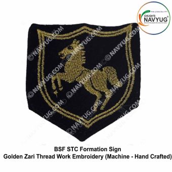 Border Security Force | BSF STC Ceremonial Formation | Div Sign (Horse) Golden Zari Embroidery On Black Velvet WIth Fiber Inner & Back Lining H 70mm x W 70mm : Chughs Navyug