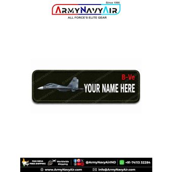 Sukhoi Personalized Flight Crew Name Plate featuring Indian Air Force Sukhoi fighter aircraft artwork with custom name, optional blood group, premium digital print on fabric with olive green merrow border for flight suits, uniforms, flying jackets, tactic
