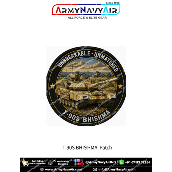 Round T-90S Bhishma Main Battle Tank patch featuring a desert tan battle tank during a ceremonial parade, Unbreakable Unmatched text, dark green outer ring, gold stars, gold trim and black merrow border.