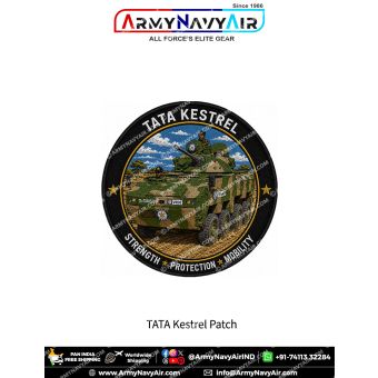 TATA Kestrel WHAP military vehicle patch featuring the indigenous 8x8 Wheeled Armoured Platform in Indian Army camouflage with soldiers operating the vehicle, realistic battlefield landscape, blue sky, black outer ring, gold divider ring, white TATA KESTR