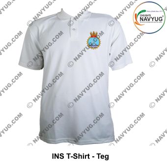 T-Shirt Indian Navy INS Teg Class | Indian Navy Surface Ship (FRIGATES) T Shirt PC With Collar (White)-INS Teg (F-45)-Small