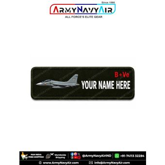 Tejas Personalized Flight Crew Name Plate featuring Indian Air Force Tejas Light Combat Aircraft artwork with custom name, optional blood group, premium digital print on fabric with olive green merrow border for flight suits, uniforms, flying jackets, tac