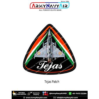 Tejas Fighter Aircraft Patch featuring a silver-grey Indian light combat fighter in top-down view with Indian Air Force-style wing roundels, saffron-white-green triangular accents, black background, white Tejas lettering and thick black merrow border