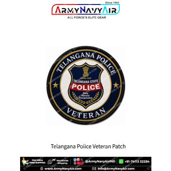 Telangana Police Veteran Patch featuring Telangana State Police insignia in navy blue round veteran badge with gold lettering, red police shield centre and black merrow border