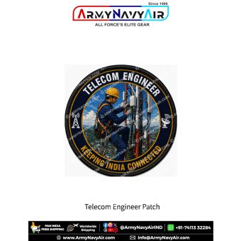 Premium round Telecom Engineer fabric patch featuring a telecommunications engineer performing maintenance on a cellular communication tower while wearing full safety harness equipment, surrounded by communication tower and satellite icons with the slogan