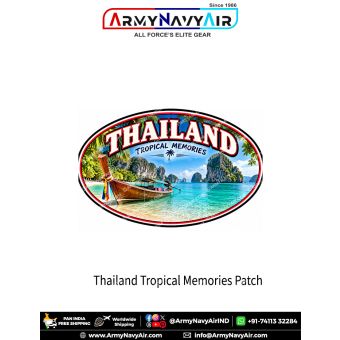 Thailand Tropical Memories travel souvenir patch with long-tail boat, turquoise sea, tropical beach and limestone islands
