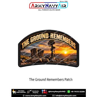 The Ground Remembers military tribute arch patch featuring worn combat boots, rifle, helmet and identification tags against a mountain sunset