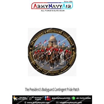 President’s Bodyguard Pride Patch Along the President Always round fabric patch showing mounted ceremonial contingent in red uniforms with horses lances and black gold border