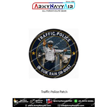 Premium round Traffic Police fabric patch featuring a traffic police officer directing vehicles during heavy rain at a busy road intersection, surrounded by gold stars with the slogan In Sun, Rain Or Dust, finished with a durable black merrow border.