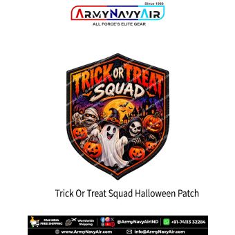 Trick or Treat Squad Halloween shield patch featuring a friendly ghost, mummy, hooded skeleton and pumpkin-headed character holding jack-o'-lantern candy buckets beneath a full moon and haunted castle.