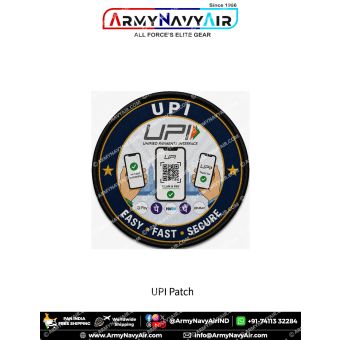 Premium round UPI Unified Payments Interface fabric patch featuring Scan & Pay QR code, smartphones showing successful digital payments, UPI branding, Easy Fast Secure slogan, digital payment icons, and a durable black merrow border representing India's d
