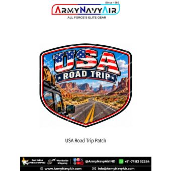 USA Road Trip adventure patch with open highway, red-rock desert landscape and adventure vehicle