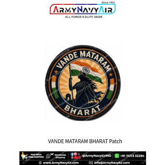Vande Mataram Bharat Patch featuring Bharat Mata, Indian National Flag, patriotic India artwork and black merrow border
