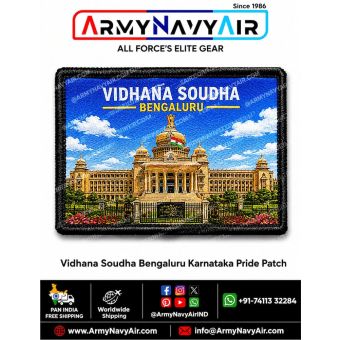 Vidhana Soudha Bengaluru Karnataka Pride Patch featuring the iconic Karnataka legislative building landmark with blue sky background and black merrow border souvenir velcro patch by ArmyNavyAir