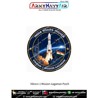 India Soars Higher – Vikram-1 Mission Patch featuring the Vikram-1 launch vehicle lifting off from SDSC Sriharikota, India, against Earth's horizon with an orbiting satellite, Indian National Flag, launch tower and mission team celebrating the launch. Pre