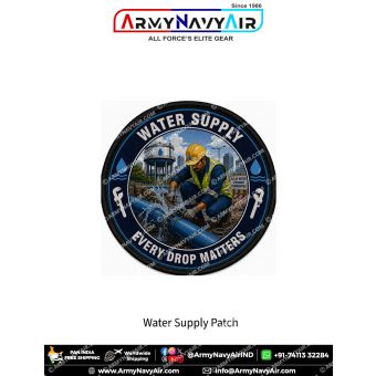 Premium round Water Supply Worker fabric patch featuring a technician repairing a leaking water pipeline beside a water storage tower, surrounded by utility symbols and the slogan Every Drop Matters, finished with a durable black merrow border.