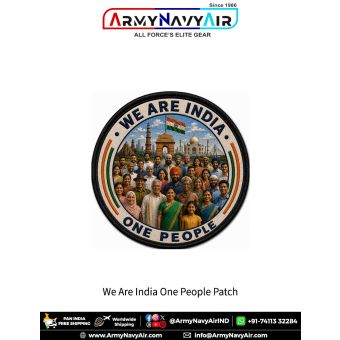We Are India One People Patch featuring diverse Indian communities, Indian Flag, national monuments, unity in diversity artwork and black merrow border