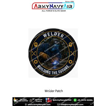 Premium round Welder fabric patch featuring a professional welder performing precision welding on steel sections with bright welding sparks, protective welding helmet, industrial workshop background, welding symbols, and the slogan Building the Future, fi
