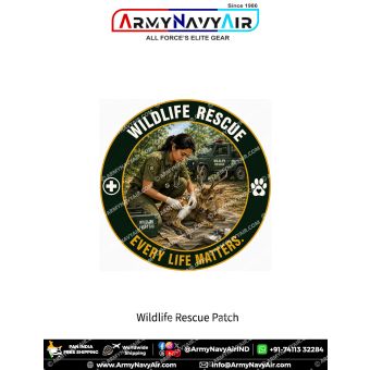 Premium round Wildlife Rescue fabric patch featuring a wildlife rescue officer treating an injured deer with medical supplies in a forest, a wildlife rescue vehicle in the background, rescue symbols, and the slogan Every Life Matters, finished with a dura