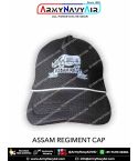 Assam Regiment cap with embroidered one-horned rhino emblem on black fabric representing strength and heritage.
